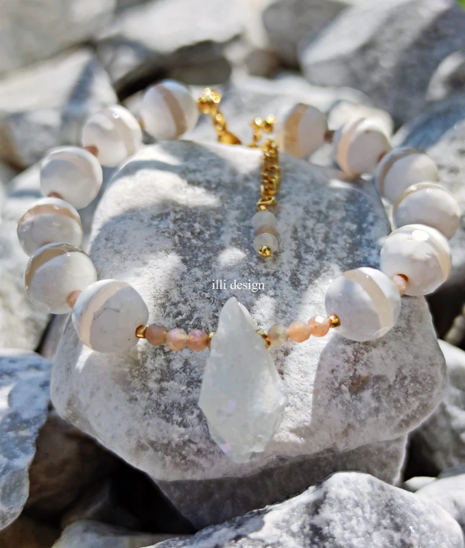Bransoletka z kwarcem, agatem i kamieniem słonecznym Biel