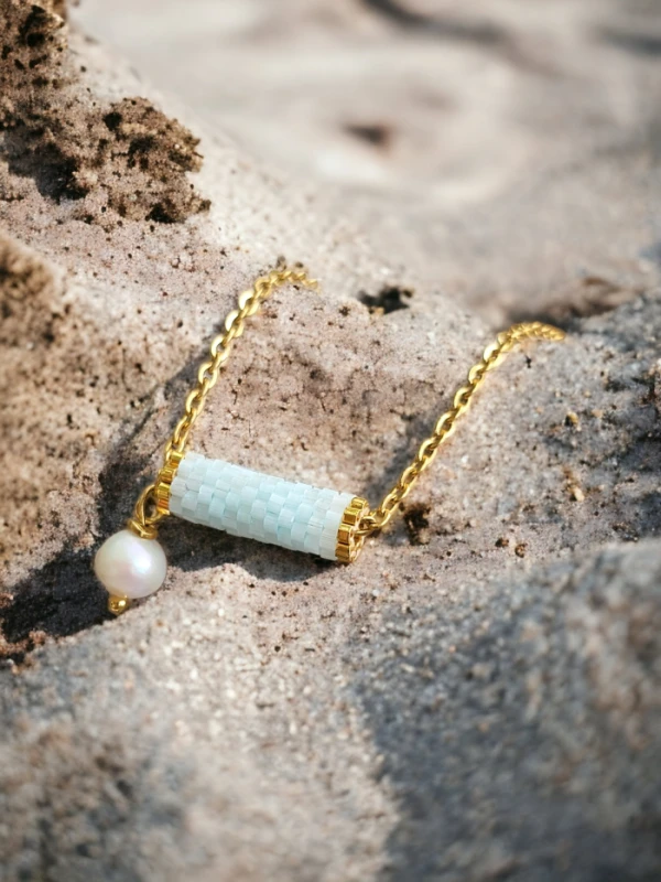 Naszyjnik tkany Błękit z perłą