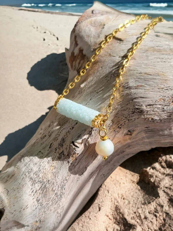 Naszyjnik tkany Błękit z perłą