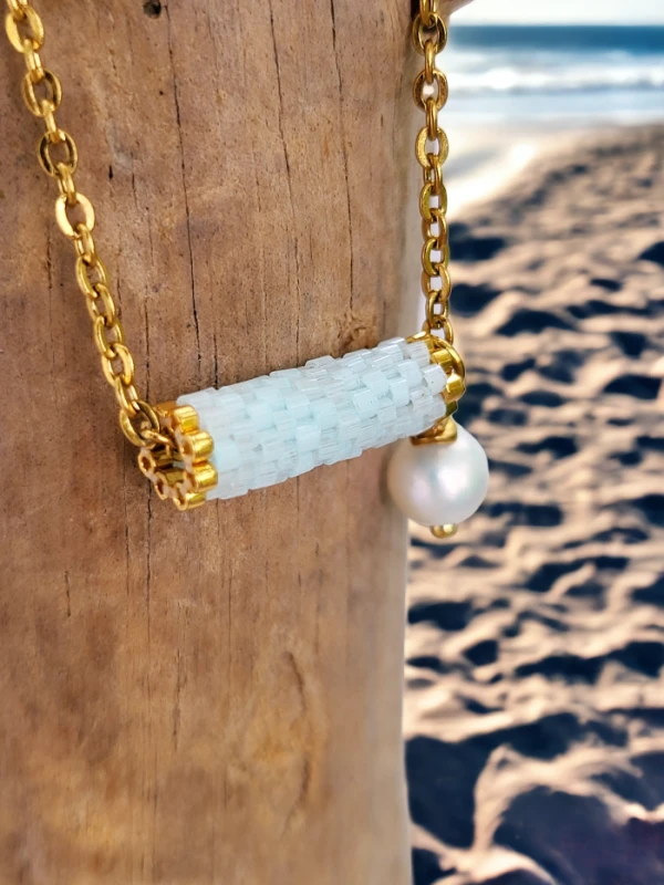 Naszyjnik tkany Błękit z perłą