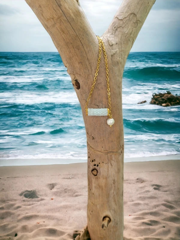 Naszyjnik tkany Błękit z perłą