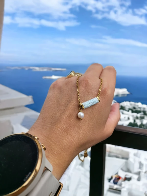 Naszyjnik tkany Błękit z perłą