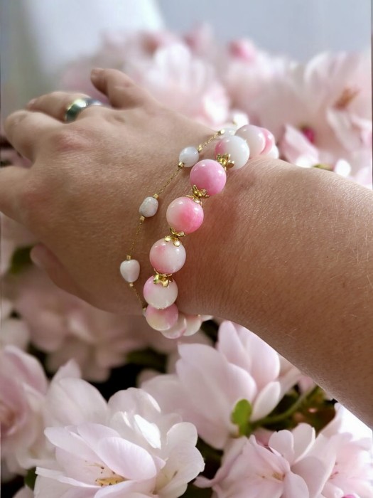 Bransoletka podwójna z jadeitów kamieni słonecznych Różowe kwiaty