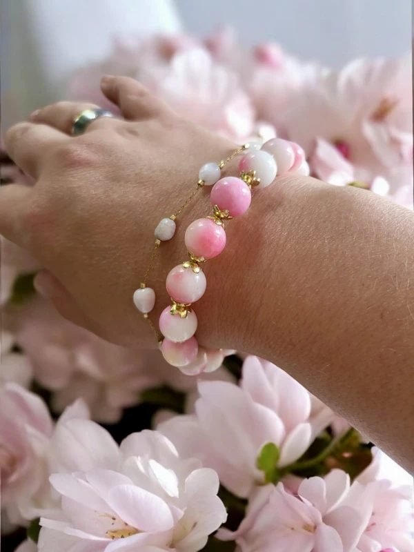 Bransoletka podwójna z jadeitów kamieni słonecznych Różowe kwiaty