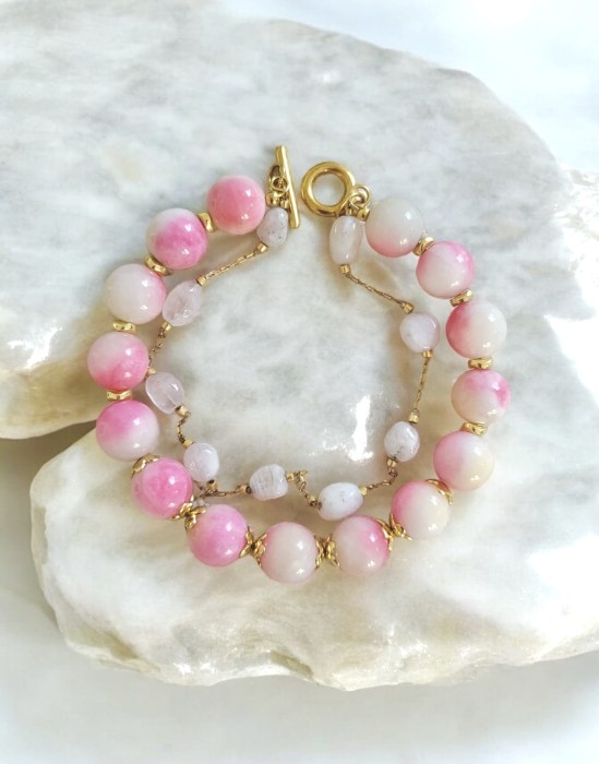 Bransoletka podwójna z jadeitów kamieni słonecznych Różowe kwiaty