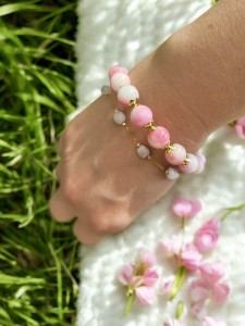 Bransoletka podwójna z jadeitów kamieni słonecznych Różowe kwiaty