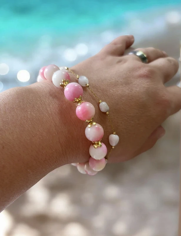 Bransoletka podwójna z jadeitów kamieni słonecznych Różowe kwiaty