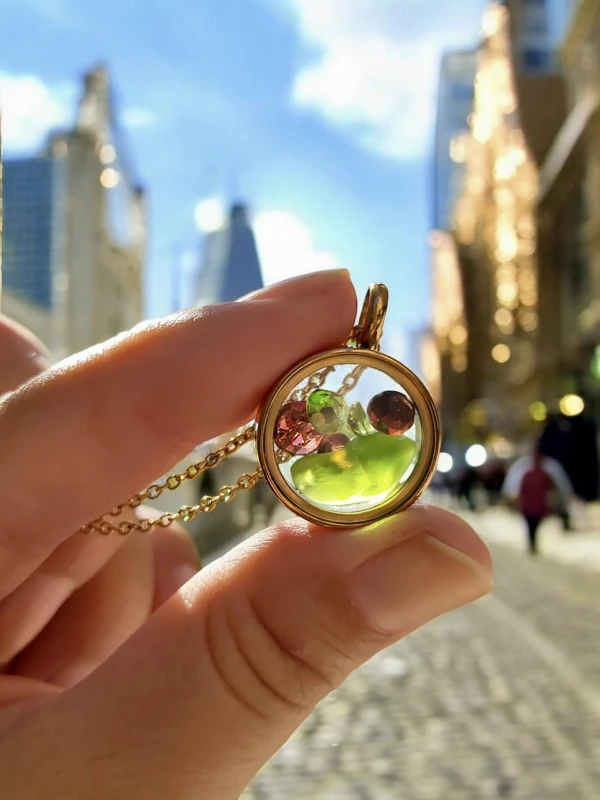 Medalion z granatami, perydotem i zielonym szkłem morskim