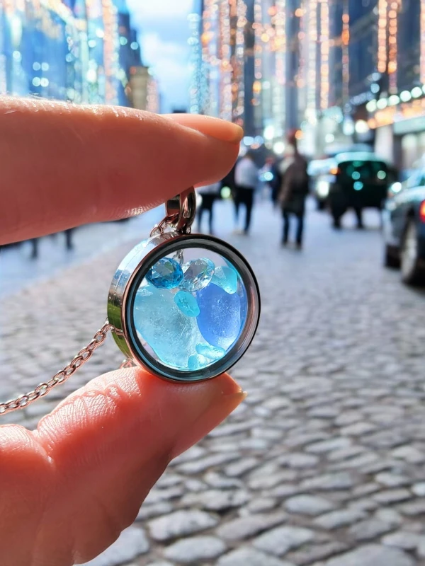 Naszyjnik medalion z niebieskim topazem i szkłem morskim Oceaniczny Blask