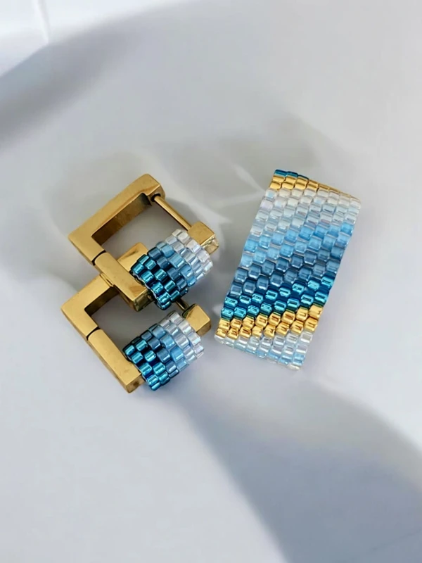 Komplet Biżuterii Premium Miyuki – Kolczyki i Pierścionek w Odcieniach Błękitu "Oceanic Elegance"