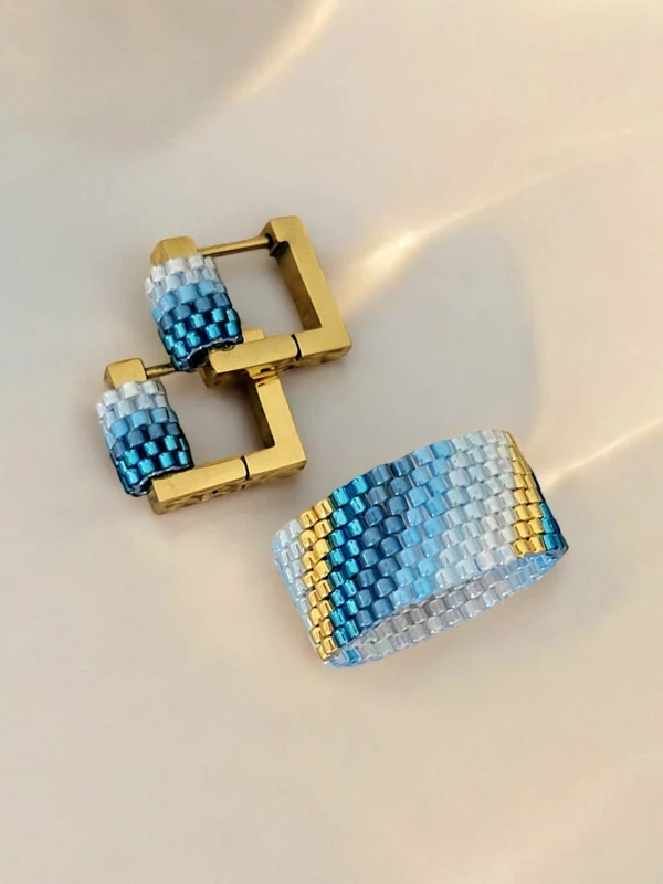 Komplet Biżuterii Premium Miyuki – Kolczyki i Pierścionek w Odcieniach Błękitu "Oceanic Elegance"